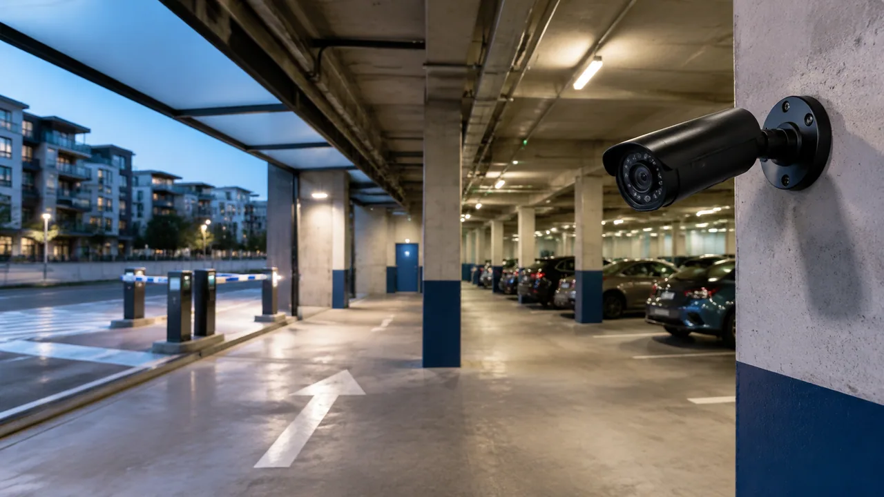 Profesjonelt overvåkingskamera i et lyst parkeringshus