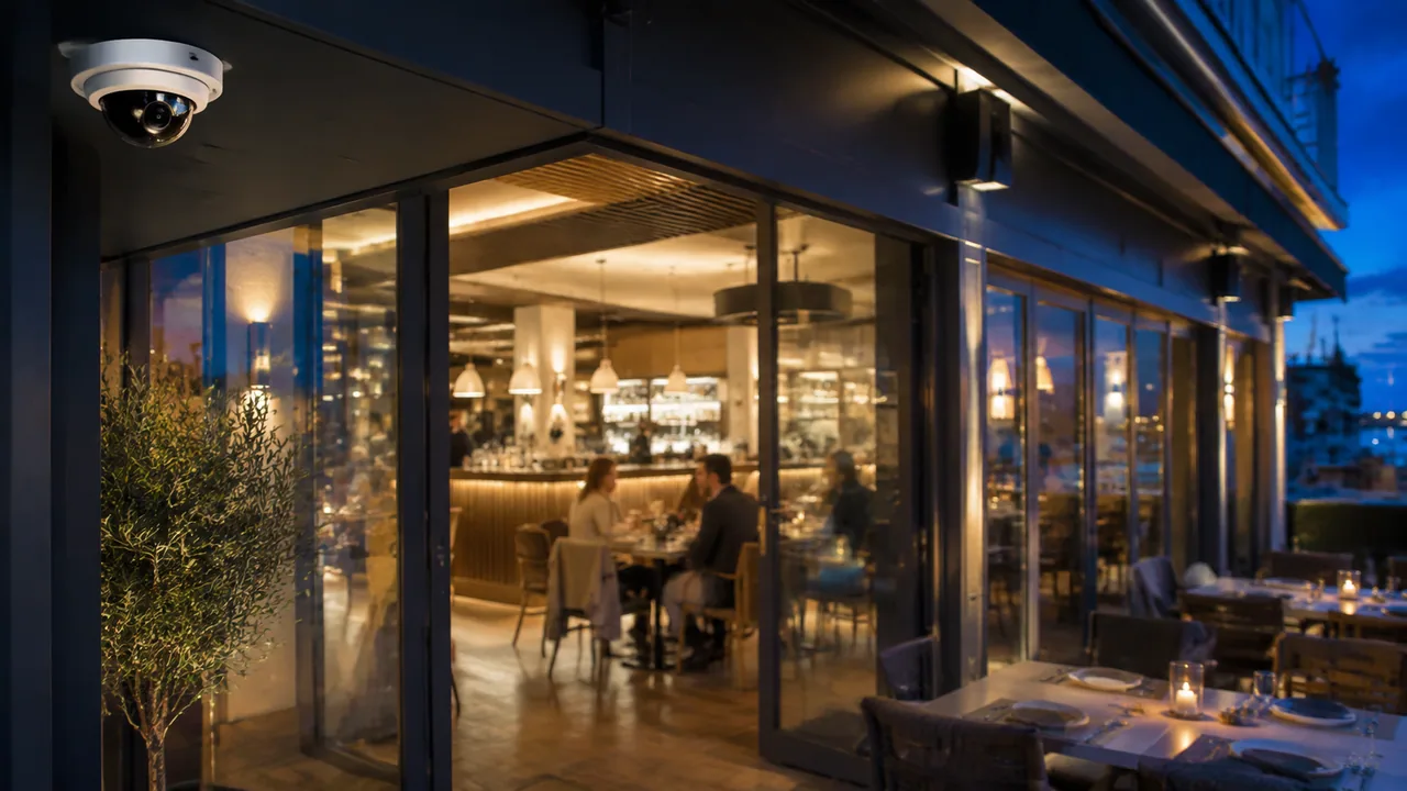 Profesjonelt overvåkingskamera montert ved restaurant