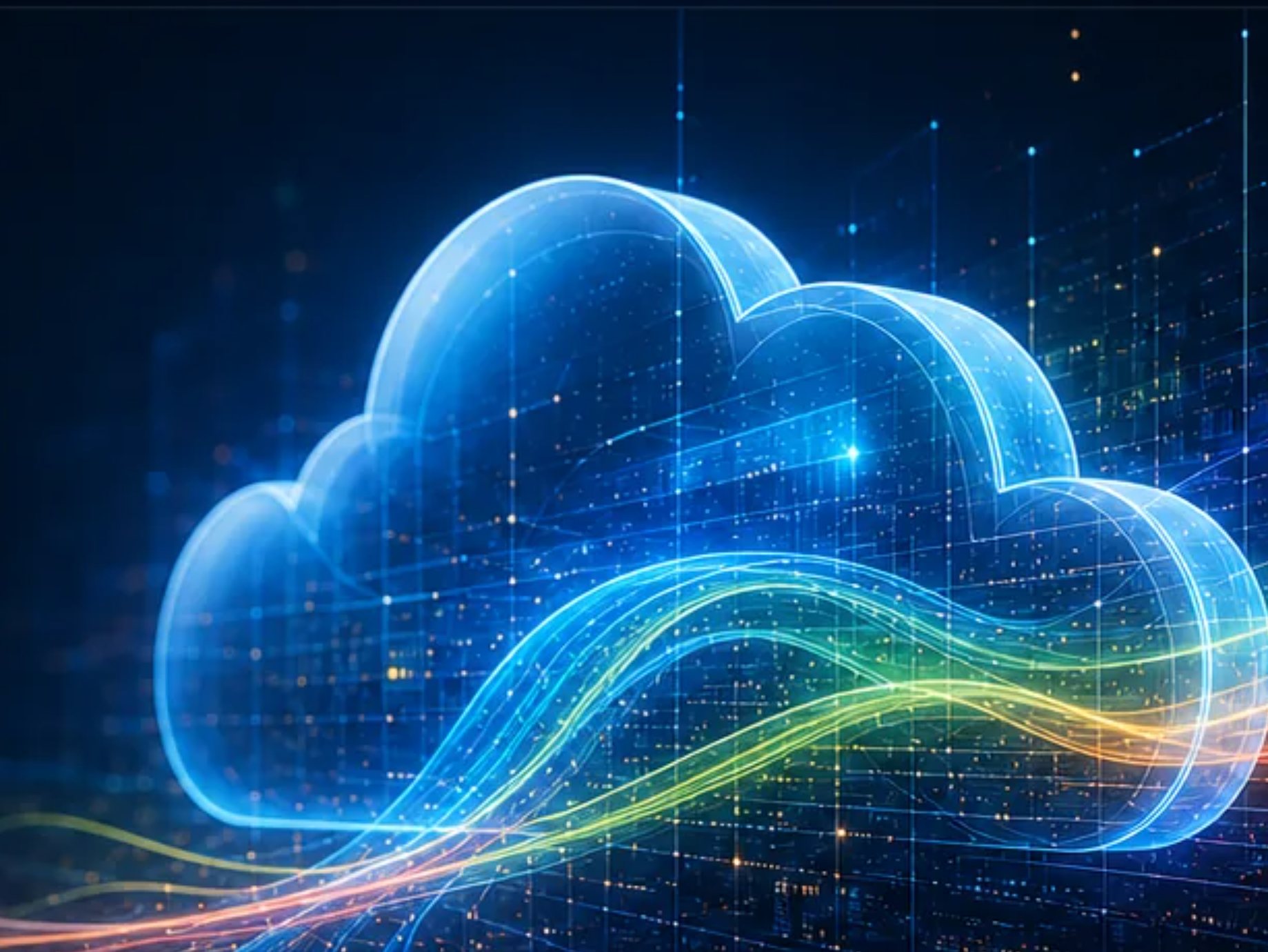 Lysende sky over et kontor om natten, med datastrømmer mellom skyen og arbeidsplassene