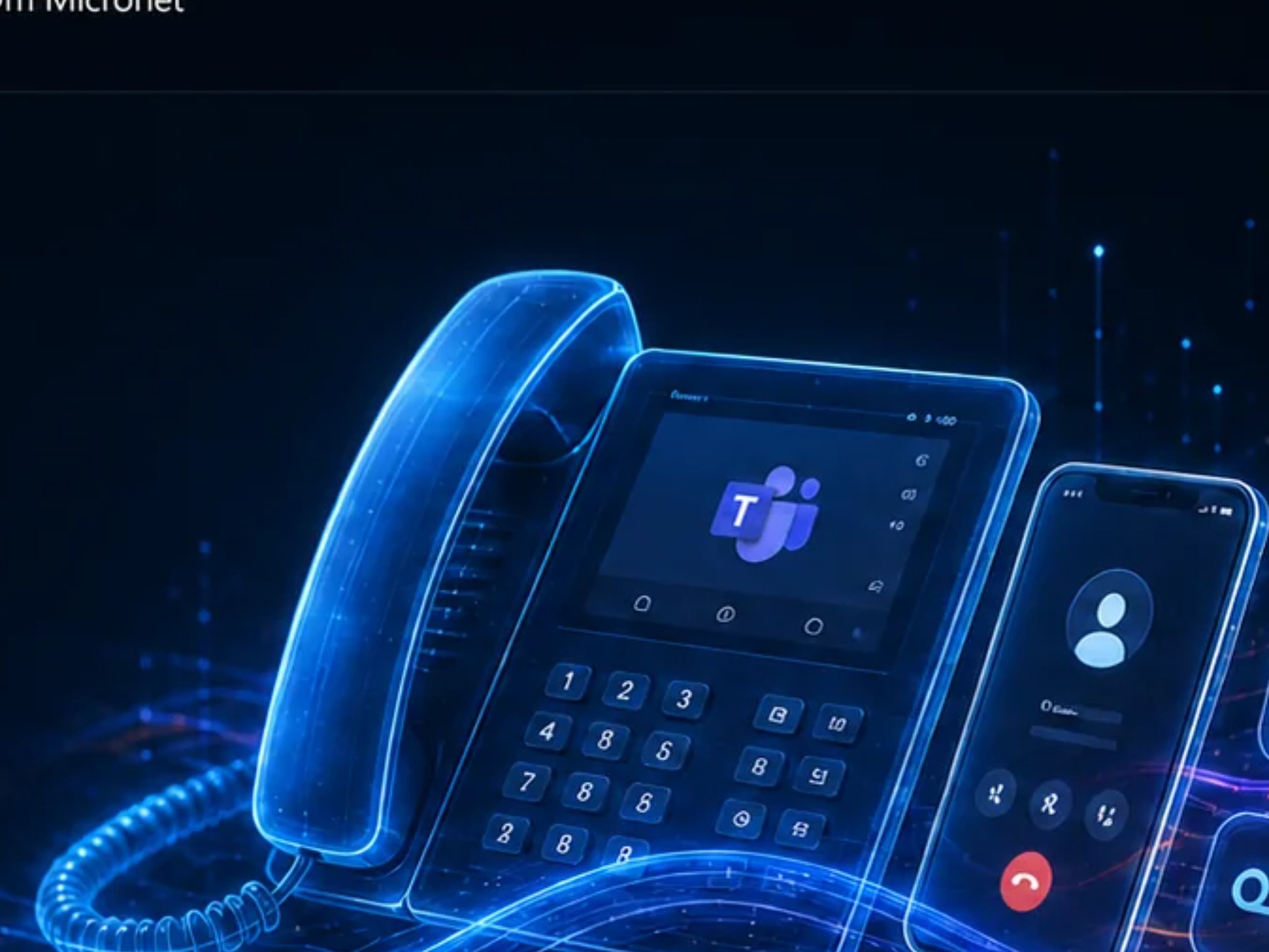 Bordtelefon med Teams-skjerm, mobil og hodesett i blått lys