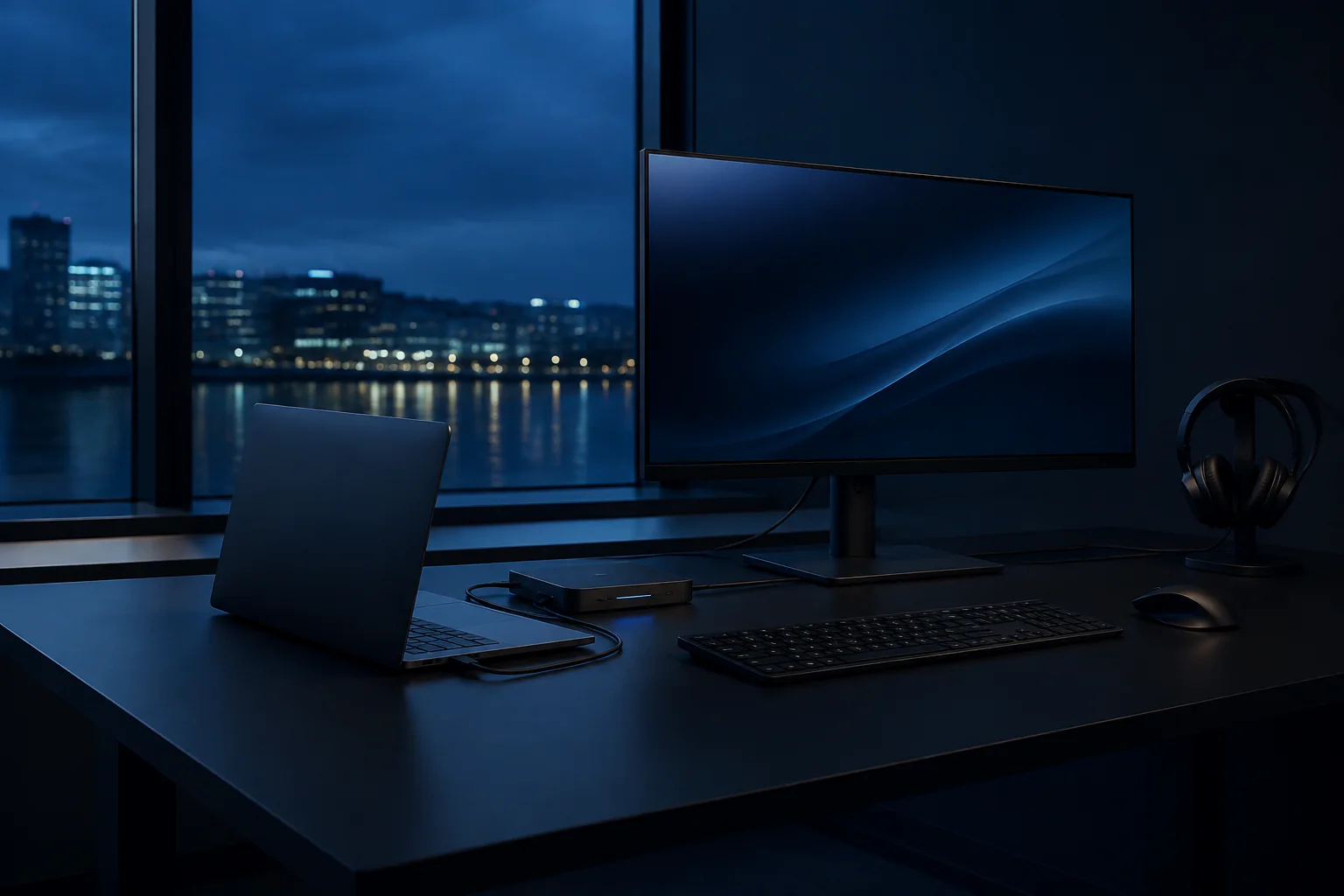Mørk og moderne arbeidsplass med bærbar PC, skjerm, dokkingstasjon og hodesett