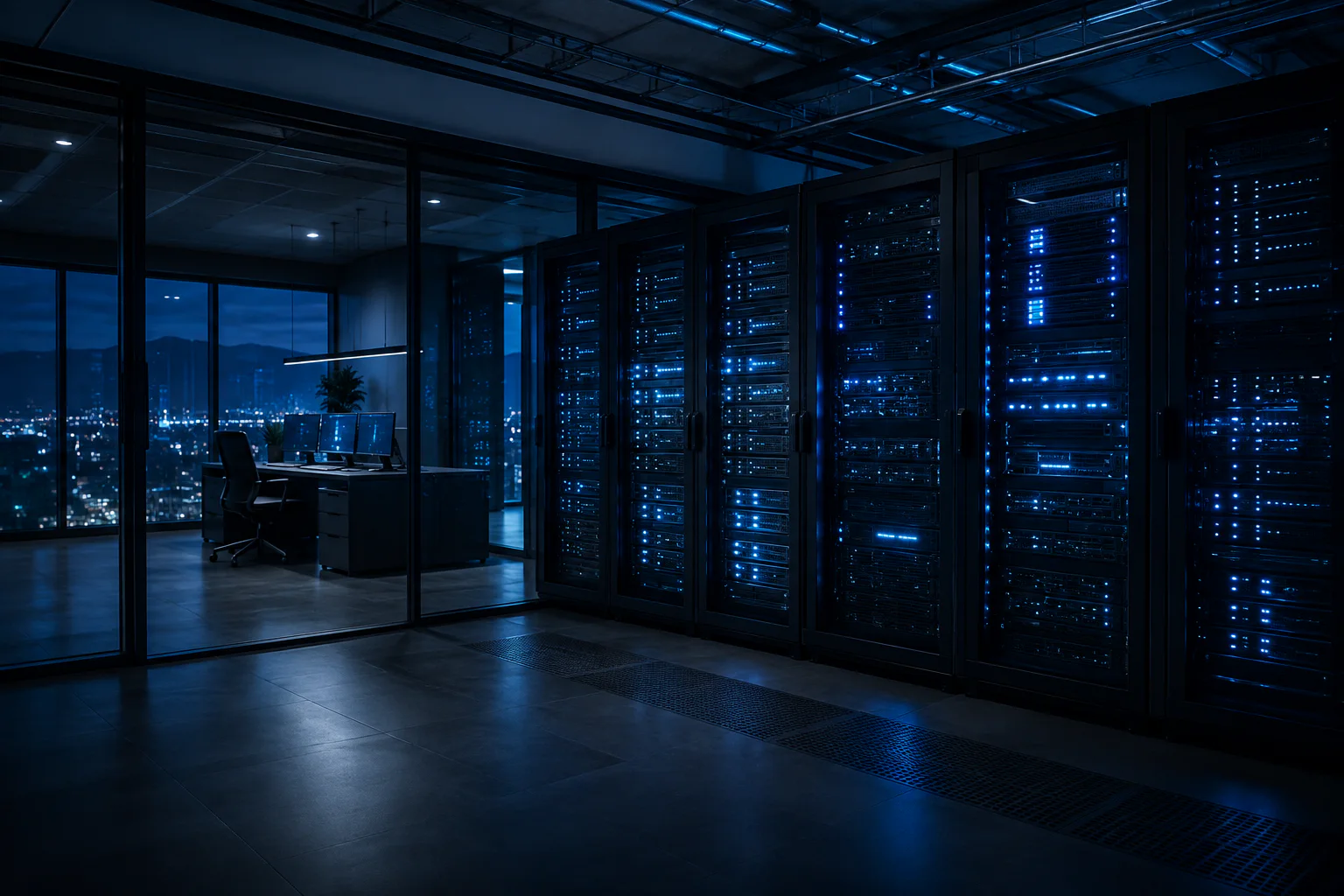 Moderne serverrom ved siden av et mørkt kontormiljø med blå belysning